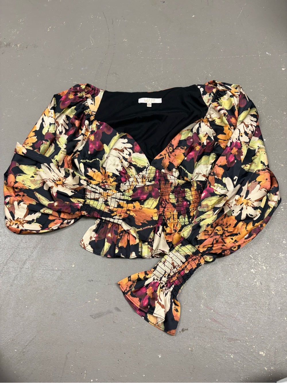 Wayf Floral Smocked Peplum Crop Top Long Sleeve Sweetheart Neck Sz Small